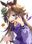  1girl animal_ears blue_eyes bow bowtie brown_hair hat horse_ears horse_girl horseshoe_ornament jack-o&#039;-lantern long_hair long_sleeves looking_at_viewer mini_hat misu_kasumi mr._c.b._(umamusume) open_mouth purple_bow purple_bowtie purple_shirt sailor_collar sailor_shirt school_uniform serafuku shirt simple_background solo tongue tongue_out tracen_school_uniform umamusume upper_body white_background white_headwear winter_uniform 