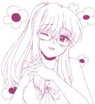  1girl analogue:_a_hate_story bad_link bangs drawfag glasses hyun-ae interlocked_fingers long_hair looking_at_viewer monochrome one_eye_closed own_hands_together purple_theme simple_background sketch solo tongue tongue_out upper_body white_background 