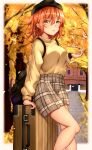  1girl absurdres alternate_costume autumn_leaves black_headwear breasts brown_skirt commentary_request fate/grand_order fate_(series) fujimaru_ritsuka_(female) hair_down hat highres long_sleeves medium_breasts medium_hair orange_hair outdoors plaid plaid_skirt skirt solo sweater toukan tree watch wristwatch yellow_eyes yellow_sweater 
