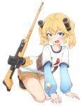  1girl absurdres all_fours black_footwear blonde_hair blue_eyes blue_sleeves blush brown_shorts daebom fang ground_vehicle gun headlight highres italian_flag l3/33_(daebom) long_sleeves mecha_musume military military_vehicle motor_vehicle open_mouth original personification shirt short_hair shorts simple_background solo sweat tank twintails undershirt v-shaped_eyebrows weapon white_background white_shirt 