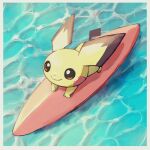  bishamon_(usagi_ba) border brown_eyes closed_mouth commentary_request from_above full_body highres no_humans pichu pokemon pokemon_(creature) smile solo surfboard surfing white_border 