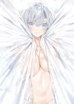  1girl bangs bare_shoulders blue_eyes blush breasts closed_mouth collarbone commentary_request curtains eyebrows_visible_through_hair groin hair_between_eyes highres kou_mashiro large_breasts looking_at_viewer naked_shirt navel open_clothes open_shirt original out-of-frame_censoring shirt smile solo white_hair white_shirt 
