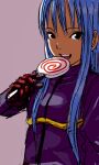  1girl black_eyes blue_hair bodysuit breasts candy food gloves highres holding holding_candy holding_food holding_lollipop kula_diamond lollipop long_hair looking_at_viewer open_mouth simple_background smile solo swirl_lollipop the_king_of_fighters yamamoto_souichirou 