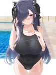  1girl :o absurdres august_von_parseval_(azur_lane) azur_lane black_swimsuit blue_hair breasts collarbone competition_swimsuit covered_navel futon_fly_away hair_over_one_eye hand_in_hair highres horns iron_blood_(emblem) large_breasts long_hair one-piece_swimsuit pool poolside purple_eyes solo swimsuit very_long_hair water wet wet_clothes wet_hair wet_swimsuit 