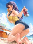  1girl armpits ass bangs barefoot beach beer_can blue_sky blurry blurry_background blush breasts brown_eyes can can_to_cheek cleavage closed_mouth cloud commentary_request cooler day eye_reflection eyebrows_visible_through_hair feet fingernails forest from_side giving hair_intakes half-closed_eyes holding holding_can ice incoming_drink joshirah katsuragi_misato large_breasts lips long_hair looking_at_viewer looking_down motion_blur nature neon_genesis_evangelion outdoors parted_bangs perspective purple_hair reflection sand shiny shiny_clothes shiny_hair shiny_skin shirt short_shorts shorts sideboob sidelocks sky smile soles solo sparkle thighs toes water water_drop waves wet yellow_shirt 