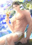 1boy abs bangs beach bird black_hair blue_sky cloud commentary day food haikyuu!! hemoon holding holding_food ice_cream ice_cream_cone looking_at_viewer male_focus male_swimwear male_underwear navel ocean outdoors palm_tree parasol parted_lips pectorals seagull sitting sky smile solo summer suna_rintarou swim_trunks symbol-only_commentary toned toned_male topless_male tree twitter_username umbrella underwear water 