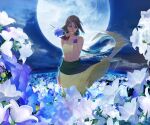  1girl arc_the_lad arc_the_lad_ii breasts brown_hair cloud dark-skinned_female dark_skin facial_mark flower full_moon green_eyes long_hair looking_at_viewer midriff moon navel sania_(arc_the_lad) save_scene_a solo tank_top 