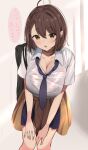  1girl :o ahoge azur_lane bag baltimore_(after-school_ace)_(azur_lane) baltimore_(azur_lane) bangs beige_cardigan black_bra black_necktie black_skirt blush bra braid bralines breasts brown_hair cardigan cardigan_around_waist cleavage clothes_around_waist collarbone collared_shirt commentary_request cowboy_shot eyebrows_visible_through_hair french_braid hair_between_eyes highres indoors large_breasts leaning_forward light_rays looking_at_viewer loose_necktie mattyazuki necktie official_alternate_costume open_mouth partially_unbuttoned pleated_skirt school_bag school_uniform see-through shirt short_hair short_sleeves sidelocks skirt solo speech_bubble standing sunbeam sunlight translation_request underwear wet wet_clothes wet_shirt white_shirt yellow_eyes 