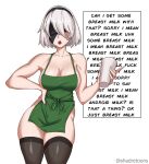  1girl alternate_costume apron black_blindfold black_legwear blindfold breasts covered_eyes english_text green_apron highres iced_latte_with_breast_milk_(meme) large_breasts meme naked_apron nier_(series) nier_automata shadertoons short_hair solo thighhighs white_hair yorha_no._2_type_b 