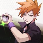  1boy bangs blue_oak closed_mouth collared_shirt glint highres holding holding_poke_ball jewelry looking_at_viewer male_focus necklace orange_hair poke_ball pokemon pokemon_(game) pokemon_frlg shirt short_hair signature smile solo spiked_hair ultra_ball upper_body wristband yori_(ito_haruki) 