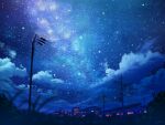  blurry bokeh building cloud commentary_request depth_of_field grass milky_way night night_sky no_humans original outdoors plant power_lines scenery sky star_(sky) starry_sky utility_pole vinci_v7 