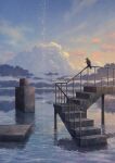  bird cloud commentary crack day glowing highres kazami1304 no_humans original outdoors railing reflection scenery sky stairs stone water waves 