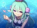  1girl :p air_bubble aqua_hair bangs bubble commentary crown english_commentary eyebrows_visible_through_hair fig_sign finana_ryugu flower hair_between_eyes hair_flower hair_ornament head_fins heart highres long_hair looking_at_viewer nijisanji nijisanji_en pink_eyes smile solo speckticuls tongue tongue_out underwater upper_body virtual_youtuber water 