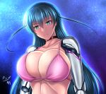  1girl aqua_eyes bangs bikini bikini_top blue_hair breasts choker cleavage collarbone dated frown hair_between_eyes highres igawa_asagi kanna_(minamozuki) large_breasts long_hair looking_down mechanical_arms night night_sky pink_bikini red_choker signature sky solo swimsuit taimanin_(series) underboob upper_body 