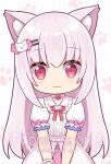  1girl :3 animal_ear_fluff animal_ears bangs bell bow cat_ears cat_hair_ornament closed_mouth collared_dress commentary_request commission dress eyebrows_visible_through_hair grey_hair hair_between_eyes hair_ornament hairclip hitsuki_rei indie_virtual_youtuber jingle_bell long_hair looking_at_viewer puffy_short_sleeves puffy_sleeves red_bow red_eyes short_sleeves solo vanilla_shironeko very_long_hair virtual_youtuber watermark white_dress 