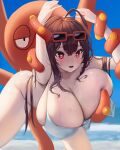  1girl absurdres ass bbolalus bikini bound breast_grab breast_press breasts brown_hair cleavage eyewear_on_head grabbing hanging hanging_breasts heart heart-shaped_pupils highres huge_breasts naughty_face octillery octopus pokemon pokemon_(creature) pokemon_(game) pokemon_sm red_eyes restrained sightseer_(pokemon) smile spread_legs sunglasses swimsuit symbol-shaped_pupils white_bikini 