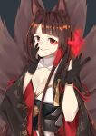  1girl akagi_(azur_lane) animal_ears azur_lane bangs black_gloves blunt_bangs breasts brown_hair cleavage commentary_request crazy_eyes crazy_smile e_draw_paint eyebrows_visible_through_hair eyeshadow fire fox_ears fox_girl fox_tail gloves hair_tubes hand_on_own_cheek hand_on_own_face highres japanese_clothes kyuubi long_hair long_sleeves looking_at_viewer makeup multiple_tails red_eyes shikigami sidelocks simple_background smile smirk solo tail wide_sleeves 
