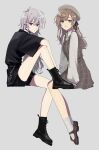  2girls :3 bangs belt beret black_belt black_footwear black_shirt black_shorts blue_eyes boots brown_hair from_side full_body genderswap genderswap_(mtf) grey_hair grey_headwear hair_behind_ear hat highres invisible_chair kanae_(nijisanji) kuzuha_(nijisanji) long_hair looking_at_viewer multiple_girls nijisanji pointy_ears red_eyes shirt shirt_tucked_in shorts sitting smile sudooru_haru vampire virtual_youtuber 