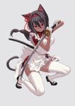  1girl animal_ears apron bangs black_footwear breasts cat_ears cat_tail china_dress chinese_clothes closed_mouth dress fighting_stance fkey flower_knot grey_hair hair_between_eyes hairband highres holding holding_sword holding_weapon kafei_(fkey) katana long_hair looking_at_viewer maid maid_apron medium_breasts one_knee original qi_maid red_eyes red_hairband red_sash sash scabbard sheath shoes simple_background skindentation solo sword tail thighhighs two-handed unsheathed weapon white_apron white_background white_legwear 