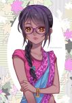  1girl bangs black_hair bracelet closed_mouth collarbone earrings eyebrows_visible_through_hair glasses hair_over_shoulder indian_clothes jewelry long_hair orange_eyes original purple-framed_eyewear shiny shiny_hair solo swept_bangs tabby_chan twitter_username upper_body 