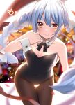  1girl absurdres akky_(akimi1127) animal_ear_fluff animal_ears bangs bare_shoulders black_bow black_leotard blue_hair blurry blurry_background blush bow braid breasts brown_legwear bunny-shaped_pupils carrot_hair_ornament closed_mouth collar collarbone commentary_request covered_navel depth_of_field detached_collar eyebrows_visible_through_hair food-themed_hair_ornament hair_between_eyes hair_bow hair_ornament highres hololive leaning_forward leotard long_hair looking_at_viewer multicolored_hair pantyhose playboy_bunny rabbit_ears red_eyes short_eyebrows small_breasts smile solo strapless strapless_leotard symbol-shaped_pupils thick_eyebrows thigh_gap twin_braids twintails two-tone_hair usada_pekora very_long_hair virtual_youtuber white_bow white_collar white_hair wing_collar wrist_cuffs 
