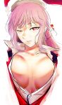  1girl absurdres breasts closed_mouth fate/grand_order fate_(series) florence_nightingale_(fate) hat highres i-pan large_breasts long_hair looking_at_viewer one_eye_closed pink_hair plunging_neckline popped_collar red_eyes red_headwear santa_hat shirt simple_background solo upper_body white_background white_shirt 