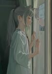  1girl animal_ears cat_ears feiqizi_(fkey) fkey flat_chest grey_hair highres indoors long_hair mirror nightgown original pajamas ponytail red_eyes reflection sidelocks solo standing window 
