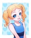  1girl :d bangs blonde_hair blue_background blue_eyes blue_shirt blush border bubbles_(ppg) collarbone heart heart_background long_hair looking_at_viewer open_mouth parted_bangs powerpuff_girls shiny shiny_hair shirt sleeveless sleeveless_shirt smile solo tabby_chan twintails twitter_username upper_body white_border 