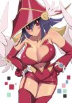  1girl absurdres apple_magician_girl bare_shoulders blush breasts cleavage duel_monster elbow_gloves gloves hat highres large_breasts looking_at_viewer navel purple_hair red_eyes ryou_(cagw5223) short_hair solo thigh_strap thighhighs wings witch_hat yu-gi-oh! 