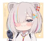  1girl :3 animal_ears asymmetrical_bangs bangs blonde_hair blue_hair blunt_bangs blush_stickers chibi collared_shirt commentary detached_sleeves ear_piercing grey_eyes gun hair_ornament hair_over_one_eye hairclip handgun holding holding_gun holding_weapon hololive kukie-nyan lion_ears lion_girl long_sleeves multicolored_hair piercing pistol purple_hair shirt shishiro_botan short_hair silver_hair smile smug solo streaked_hair suspenders symbol-only_commentary twitter_username upper_body virtual_youtuber weapon white_shirt 