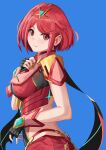  1girl absurdres bangs black_gloves blue_background blush breasts chest_jewel closed_mouth commentary cowboy_shot eyelashes fingerless_gloves from_side gem gloves hand_on_own_chest headpiece highres large_breasts looking_at_viewer nemo_ringo pyra_(xenoblade) red_eyes red_hair red_shorts shadow shiny shiny_hair short_hair short_sleeves shorts sidelocks simple_background smile solo swept_bangs tiara xenoblade_chronicles_(series) xenoblade_chronicles_2 