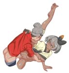  1boy 1girl absurdres ass bangs barefoot bea_(pokemon) beanie biting bow_hairband breasts cable_knit clothes_pull commentary_request dark-skinned_female dark_skin gloves grey_eyes grey_hair grey_headwear hairband hat hetero highres knee_pads leg_up lip_biting monster_frog nipples pants pants_pull parted_lips partially_fingerless_gloves penis pokemon pokemon_(game) pokemon_swsh pussy red_shirt sex shiny shiny_hair shiny_skin shirt short_hair short_sleeves sleeves_rolled_up soles spread_legs toes vaginal victor_(pokemon) yellow_shirt 