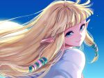  1girl bangs blonde_hair blue_eyes blue_sky blunt_bangs blush capelet closed_mouth day floating_hair green_ribbon hair_ribbon long_hair looking_at_viewer outdoors pink_ribbon pointy_ears princess_zelda ribbon sidelocks sky smile solo tak_(karasuki) the_legend_of_zelda the_legend_of_zelda:_skyward_sword twitter_username upper_body white_capelet 