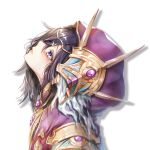  1girl bangs black_hair from_side granblue_fantasy hair_ornament hair_over_one_eye highres hood hood_up ichi_natsu lich_(granblue_fantasy) long_hair looking_up parted_lips profile purple_eyes shadow solo white_background 