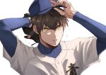  1boy ace_of_diamond aiaipoponta0605 bangs baseball_cap baseball_jersey baseball_mitt baseball_uniform blue_headwear brown_eyes brown_hair hand_up hat highres holding holding_clothes holding_hat male_focus parted_lips sawamura_eijun short_hair sportswear sweat sweatdrop upper_body white_background 