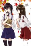  2girls akagi_(kancolle) autumn_leaves bag black_legwear blue_hakama brown_eyes brown_hair closed_eyes commentary_request food hakama hakama_short_skirt hakama_skirt japanese_clothes kaga_(kancolle) kantai_collection long_hair multiple_girls paper_bag red_hakama side_ponytail skirt smile sweet_potato takamachiya tasuki thighhighs twitter_username white_background white_legwear 