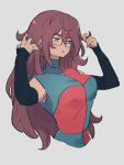  1girl android_21 blue_eyes breasts brown_hair checkered checkered_dress commentary_request dragon_ball dragon_ball_fighterz dress glasses grey_background hands_up kemachiku long_hair looking_away medium_breasts simple_background solo upper_body 