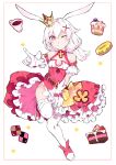  1girl absurdres animal_ears bangs bare_shoulders border cake cake_slice closed_mouth crown cup cupcake doughnut dress food fox_ears full_body gloves gorun98 hair_between_eyes hair_ornament hairpin highres honkai_(series) honkai_impact_3rd index_finger_raised long_hair looking_at_viewer one_eye_closed pink_dress pink_eyes pink_footwear pointing pointing_at_viewer shoes short_sleeves side_ponytail simple_background smile solo sweets teacup theresa_apocalypse theresa_apocalypse_(sakura_rondo) thighhighs v-shaped_eyebrows white_background white_gloves white_hair white_legwear 