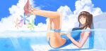  1girl absurdres afloat ball beachball black_hair blue_sky blue_swimsuit brown_eyes closed_mouth cloud day from_side highres legs_up one-piece_swimsuit original outdoors partially_submerged partially_underwater_shot pink_footwear reclining shiratama_(monster1553) shoes short_ponytail sky solo swimsuit thigh_strap wet 