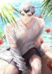  1boy beach closed_mouth commentary day eyebrows flower grey_hair haikyuu!! hemoon jacket jacket_partially_removed kita_shinsuke looking_at_viewer male_focus male_swimwear multicolored_hair ocean outdoors palm_tree sand see-through shirt short_hair sitting solo summer swim_trunks symbol-only_commentary tree twitter_username two-tone_hair water wet wet_clothes wet_shirt white_shirt yellow_eyes 