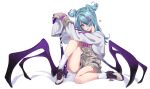  1girl :p aqua_eyes beige_gloves blue_hair blush club_(weapon) dragon_girl elira_pendora gloves hair_ornament hair_over_one_eye hakkaku_shikimi heart highres knee_up long_sleeves looking_at_viewer low_twintails nijisanji nijisanji_en one_eye_covered overall_shorts overalls shirt simple_background sitting socks solo striped striped_shirt tongue tongue_out twintails two-tone_footwear virtual_youtuber weapon white_background white_legwear white_shirt wide_sleeves wings 