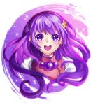  1girl :d asamiya_athena commentary earrings floating_hair hair_ornament hairband happy jewelry long_hair looking_at_viewer open_mouth portrait purple_eyes purple_hair purple_hairband shiny shiny_hair signature smile solo star_(symbol) star_hair_ornament tabby_chan teeth the_king_of_fighters tumblr_username upper_teeth very_long_hair watermark web_address 