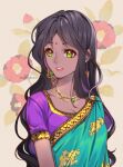  1girl bangs black_hair breasts cleavage collarbone earrings facial_mark green_eyes indian_clothes jewelry long_hair medium_breasts necklace original parted_bangs parted_lips purple_shirt red_lips shiny shiny_hair shirt short_sleeves solo tabby_chan twitter_username upper_body very_long_hair 