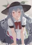  1girl black_headwear blush bow bowtie fkey grey_background grey_skirt hat hinanawi_tenshi looking_at_viewer open_mouth puffy_short_sleeves puffy_sleeves red_bow red_bowtie red_eyes shirt short_sleeves signature sketch skirt solo touhou white_shirt 