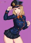  1girl :d alternate_costume arm_up bangs black_headwear black_skirt blonde_hair boku_no_hero_academia bow bowtie breasts brown_eyes buttons commentary_request contrapposto cowboy_shot double-breasted hat large_breasts leaning_forward long_hair long_sleeves looking_at_viewer miniskirt open_mouth orange_bow orange_bowtie pink_background redjet school_uniform shiny shiny_hair simple_background skirt smile solo teeth upper_teeth utsushimi_kemii watermark web_address 