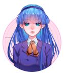  1girl bangs blue_eyes blue_hair blue_hairband blunt_bangs coat collared_shirt commentary eyebrows_visible_through_hair hairband lips long_hair looking_at_viewer magic_knight_rayearth neck_ribbon orange_ribbon parted_lips purple_coat ribbon ryuuzaki_umi shiny shiny_hair shirt solo tabby_chan upper_body white_background white_shirt wing_collar 