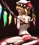  1girl ass back bare_arms bare_legs bare_shoulders blonde_hair blurry bow bra crystal depth_of_field flandre_scarlet from_behind full_body hat hat_ribbon highres looking_at_viewer looking_back medium_hair mob_cap panties red_bow red_eyes red_panties red_ribbon ribbon satin satin_bra satin_panties sitting solo strap_slip tama_(seiga46239239) touhou underwear underwear_only wariza white_legwear wings 