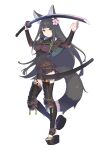  1girl animal_ears arms_up bangs belt black_dress black_hair black_legwear blunt_bangs breasts cherry_blossoms commentary_request dress enkyo_yuuichirou flower fox_ears fox_tail full_body hair_between_eyes hair_flower hair_ornament highres holding holding_sword holding_weapon katana kitsunegasaki_tametsugu_(tenka_hyakken) long_hair long_sleeves looking_at_viewer official_art pink_flower platform_footwear sandals sheath simple_background solo sword tail tenka_hyakken thighhighs toeless_legwear weapon white_background yellow_eyes zettai_ryouiki 