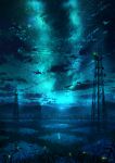  aliasing building cloud commentary_request fireflies glowing light_trail milky_way mountain mountainous_horizon night no_humans original outdoors power_lines reflection rice_paddy scenery sky star_(sky) starry_sky transmission_tower vinci_v7 water 