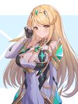  1girl absurdres bangs bare_shoulders blonde_hair breasts chest_jewel cleavage cleavage_cutout clothing_cutout dress earrings elbow_gloves gloves highres jewelry large_breasts long_hair mythra_(xenoblade) roi_(liu_tian) short_dress solo swept_bangs tiara very_long_hair white_dress white_gloves xenoblade_chronicles_(series) xenoblade_chronicles_2 yellow_eyes 